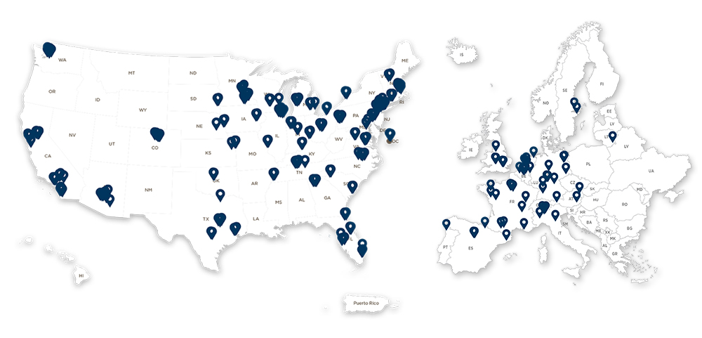 Locations of apheresis centers in the U.S. and Europe that are part of the Be The Match BioTherapies Collection Network.
