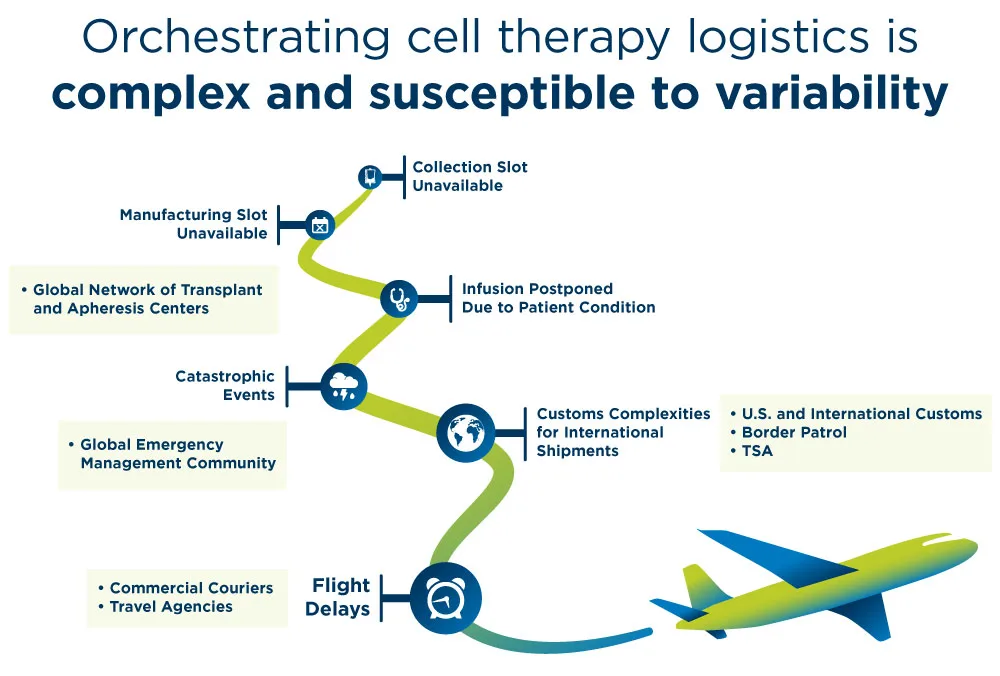 Variability and complexity in cell therapy logistics like collection slot availability, postponements and flight delays.