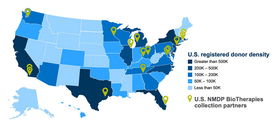 Map of NMDP BioTherapies apheresis collection center locations as well as donor density. Centers are in regions with the most potential donors.