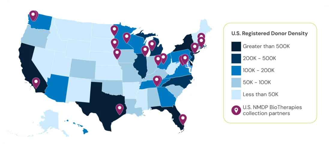 Collections Partners Map - V2-min A U.S. map with markers at locations of U.S. NMDP collection partners. States are shaded according to registered donor density, from 500k.